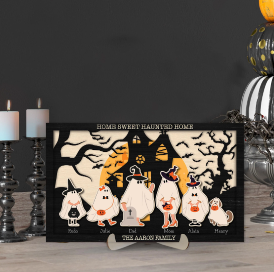 Portrait Ghost Family Halloween Sign With Pet