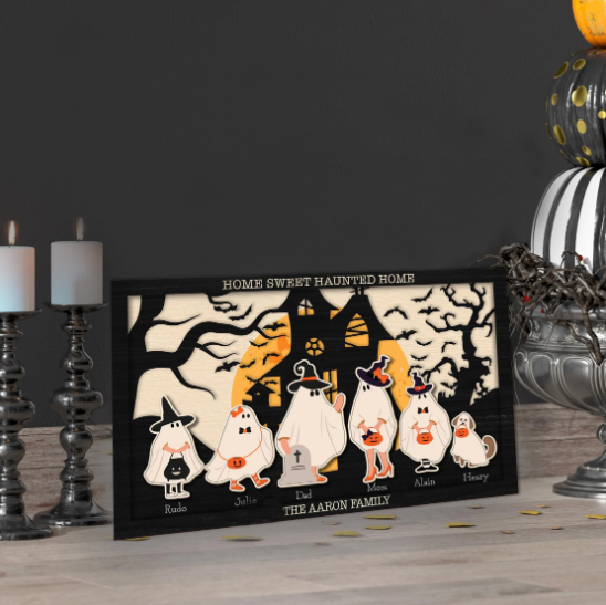 Portrait Ghost Family Halloween Sign With Pet