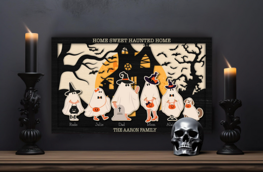 Portrait Ghost Family Halloween Sign With Pet